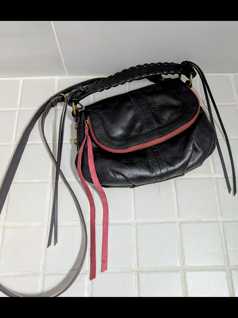 Lucky Brand Black Leather Crossbody Bag with Red Trim